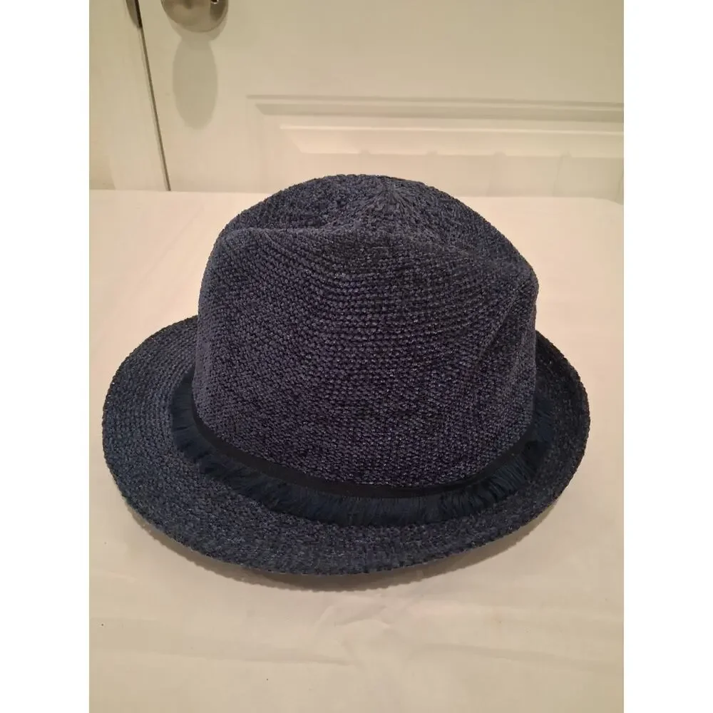 Kohl's Women's Navy Blue Knit Fedora Panama Hat Black Fringe Ribbon Band O/S